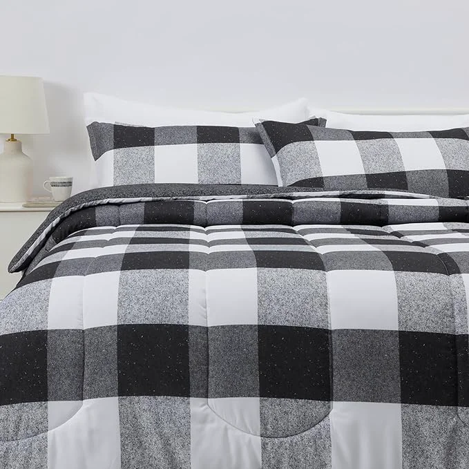 Reusable Amazon Basics Lightweight Microfiber Checkerboard Comforter Set 3-Piece King Black White Effective