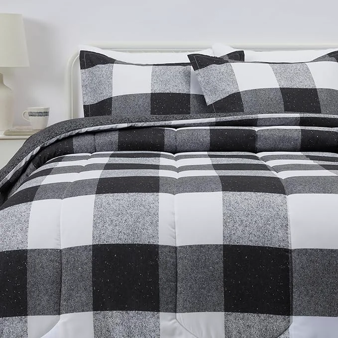 Traditional Amazon Basics Lightweight Microfiber Comforter Set 3-Piece Black White Checkerboard Full Queen Secure