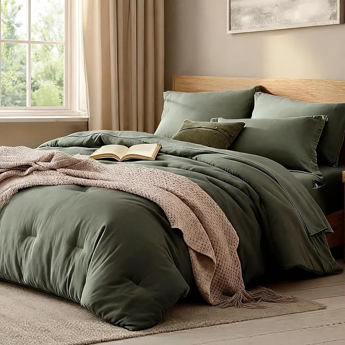Premium WRENSONGE Full Size Comforter Sets 7 Pieces Olive Green Bed in a Bag with Fitted Sheet Flat Sheet 2 Pillow Shams 2 Pillowcases Warm Bedding Sets for All Season Specialty