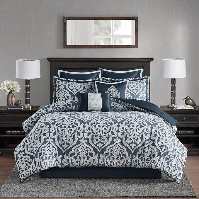 Fine Crafted Madison Park Odette Cozy Comforter Set Jacquard Damask Medallion Design – Modern All Season Down Bedding Shams Decorative Pillows Queen 90 in x 90 in Navy 8 Piece Exclusive