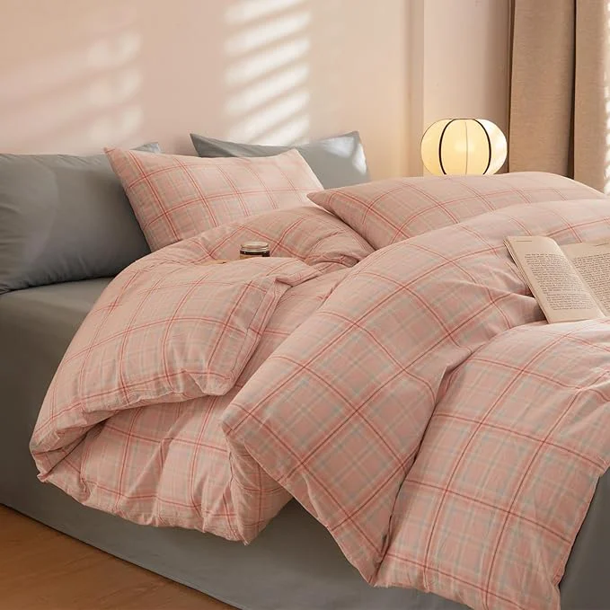 Next-Generation Plaid Queen Size Comforter Sets Down Washed Cotton Bedding Set Fluffy Cute Super Soft Boho Bedding Comforter Sets Machine Washable Cozy Puffy Chic Bed Comforter with 2 Pillowcases Premium