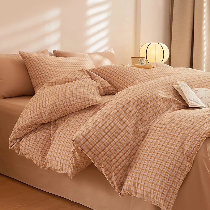 Sustainable Plaid Comforter Set Twin XL Washed Cotton Boho Bedding Set Down Cozy Fluffy Aesthetic Bedding Comforter Sets Soft All Season Farmhouse Comfy Bed Comforter with 2 Pillowcases Fine