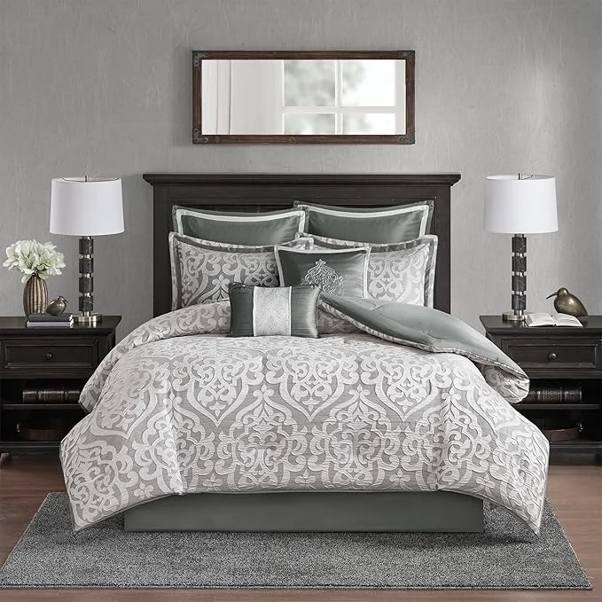Prestigious Madison Park Odette Cozy Comforter Set Jacquard Damask Medallion Design – Modern All Season Down Bedding Shams Decorative Pillows King 104 in x 92 in Silver 8 Piece Pure