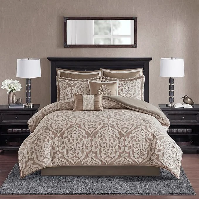 Fashionable Madison Park Odette Cozy Comforter Set Jacquard Damask Medallion Design – Modern All Season Down Bedding Shams Decorative Pillow King 104 in x 92 in Tan 8 Piece Pure
