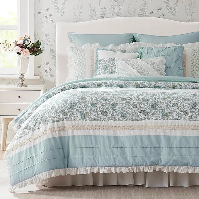 Crafted Madison Park Dawn Cotton Shabby Chic Comforter Set-Modern Cottage Design All Season Down Bedding Matching Shams Bedskirt Decorative Pillows Queen 90 quot x90 quot Aqua 9 Piece Fine Crafted