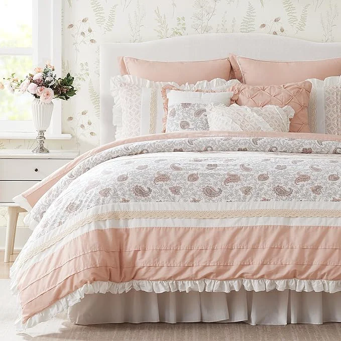 Recyclable Madison Park Dawn Cotton Shabby Chic Comforter Set-Modern Cottage Design All Season Down Bedding Matching Shams Bedskirt Decorative Pillows King 104 quot x92 quot Blush 9 Piece Safe