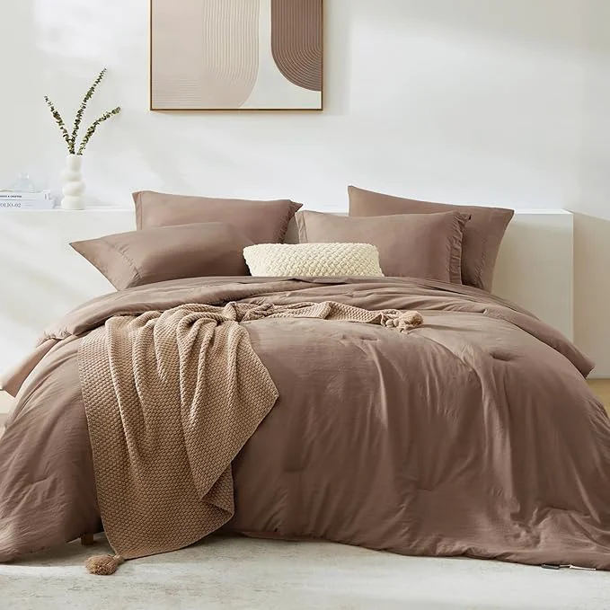 World-Class WRENSONGE Queen Size Comforter Sets 7 Pieces Soft Brown Bed in a Bag with Fitted Sheet Flat Sheet 2 Pillow Shams and 2 Pillowcases- Warm Bedding Sets for All Season Sustainable