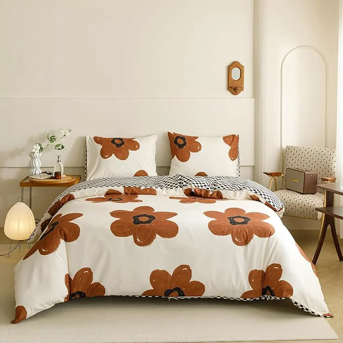 Lightweight Cottonight Pumpkin Sunflower Comforter Set Queen Women Girls Beige and Brown Floral Bedding Comforter Set Botanical Flowers Blanket Quilts Soft Breathable Cute Chic Big Flower Comforter Durable