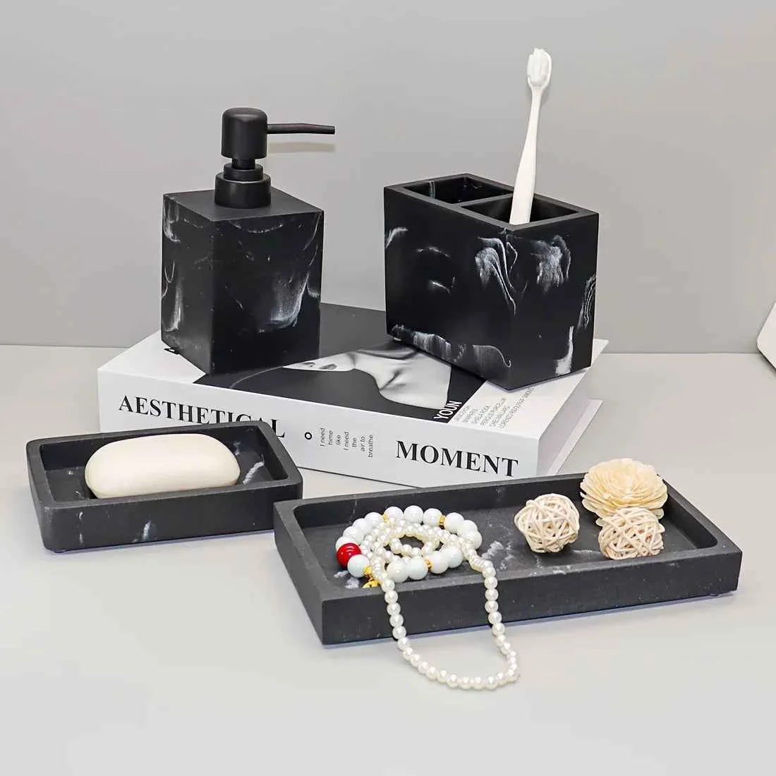 Genuine 4pcs Bathroom Set Soap Dispenser Toothbrush Holder Soap Dish Storage Tray – Black Design Suitable for All Bath Styles to Create a Cozy Home Decor Experience Year-Round Solid