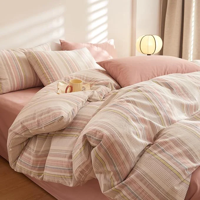 Enhanced Pink Striped Full Size Comforter Set Boho Down Bedding Set Washed Cotton Cozy Fluffy Cute Bedding Comforter Sets Chic Soft Breathable Vintage Bed Comforter with 2 Pillowcases Fast