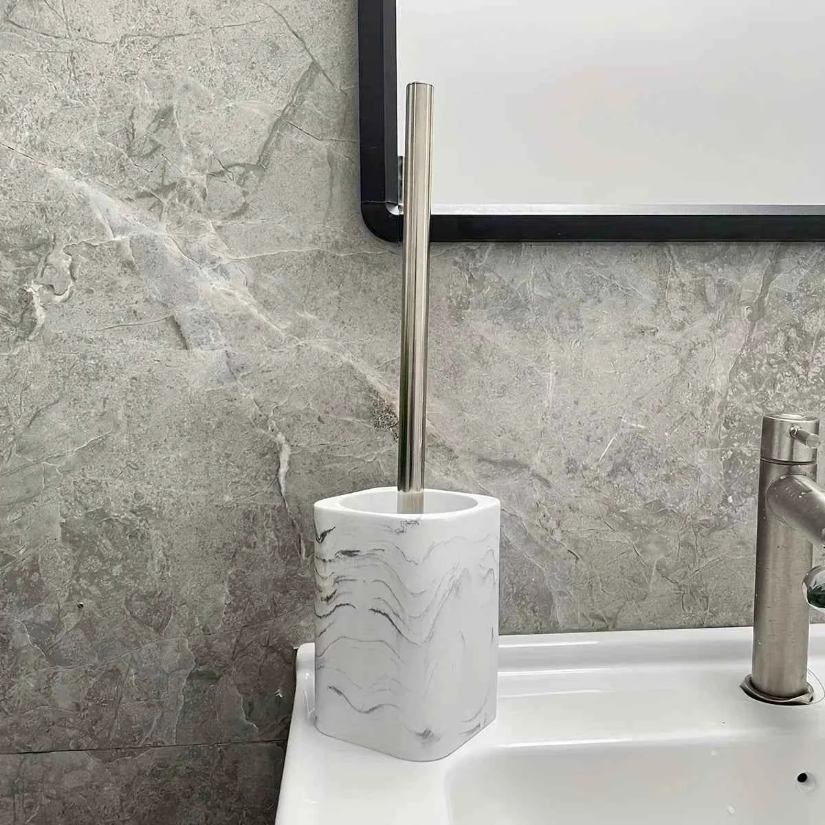 Superior Resin White Marble Toilet Brush Holder with Handle Reusable Floor Mount Bathroom Accessory Hard Solid Project No Electricity Needed – I Christmas Gift Dependable