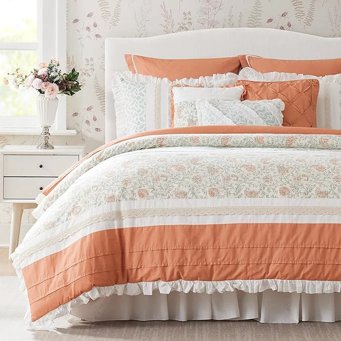 Original Madison Park Dawn Cotton Shabby Chic Comforter Set-Modern Cottage Design All Season Down Bedding Matching Shams Bedskirt Decorative Pillows Queen 90 quot x90 quot Coral 9 Piece Stylish