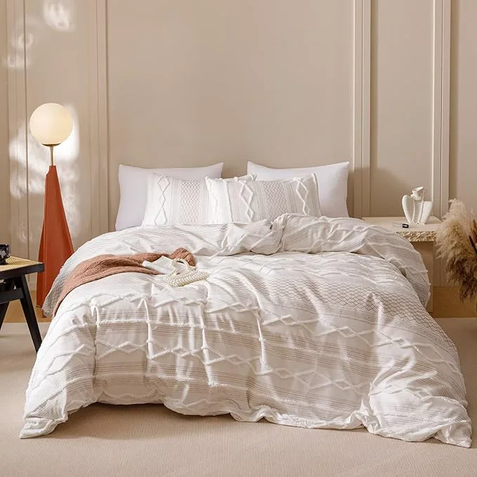 High-End Cottonight White Boho Comforter Set Queen Farmhouse Tufted Bedding Set Soft Bohemain Shabby Chic Blanket Quilts Embroidery Rustic Luxury Soft 3PCS Bed Set for Women Men Flexible