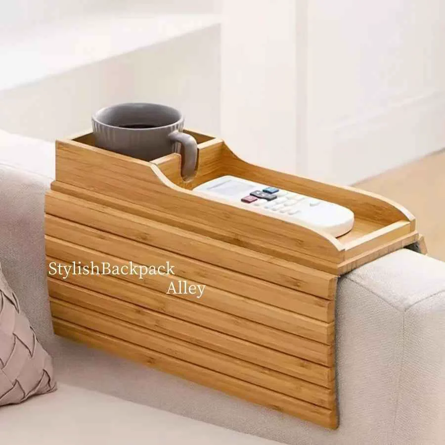 Detailed Stylish Bamboo Sofa Armrest Tray with Cup Holder – Anti-Fall Design Foldable Storage Table for Snacks Phones Beverages amp Cups Contemporary Home Accessory Beverage Tray Modern Bamboo Tray Foldable Tray Specialty