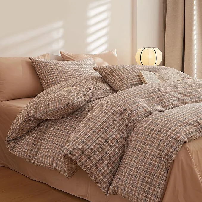 Premium Material Plaid Comforter Set Full Washed Cotton Down Bedding Set Vintage Farmhouse Fluffy Boho Bedding Comforter Sets Neutral Soft All Season Rustic Bed Comforter with 2 Pillowcases Refined