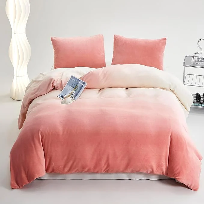 Eco-Friendly Cottonight Pink Velvet Comforter Queen Fluffy Flannel Bedding Set Women Men Thick Warm Winter Blanket Quilts Sherpa Micromink Light Pink Modern Chic Plush Fashion Bedding