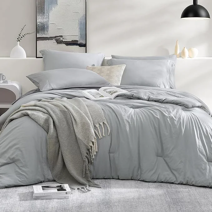 Minimalist WRENSONGE Light Grey King Comforter Set 7 Pieces Soft Microfiber King Size Comforter with Fitted Sheet Flat Sheet 2 Pillow Shams and 2 Pillowcases- Warm King Bedding Set for All Season Quality