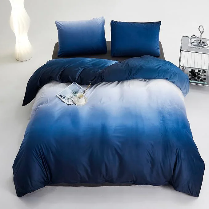 High-End Cottonight Blue Velvet Comforter Queen Fluffy Flannel Bedding Set Women Men Thick Warm Winter Blanket Quilts Sherpa Micromink Navy Dark Blue Modern Chic Plush Fashion Bedding Minimalist