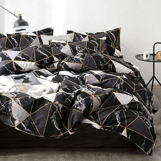 High-Performance Cottonight Black Queen Comforter Set Geometric Black Marble Bedding Comforter Set Full Plaid Cotton Modern Lightweight Black White with Gold Lines Comforter for Women Men Flexible