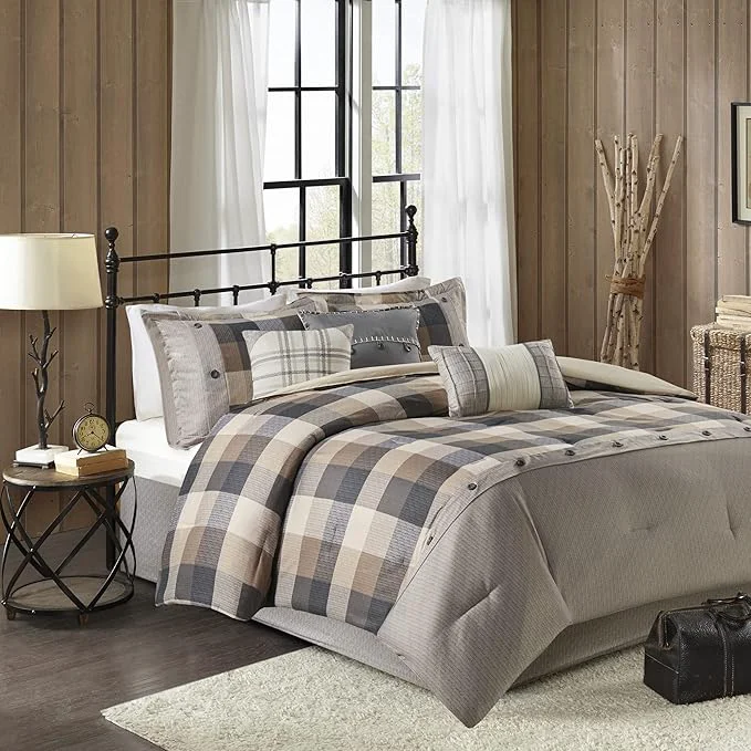 Verified Madison Park Ridge Comforter Set – Cabin Lodge Plaid Herringbone Design All Season Down Cozy Bedding with Matching Bedskirt Shams Decorative Pillow Cal King 104 quot x92 quot Neutral 7 Piece Effective
