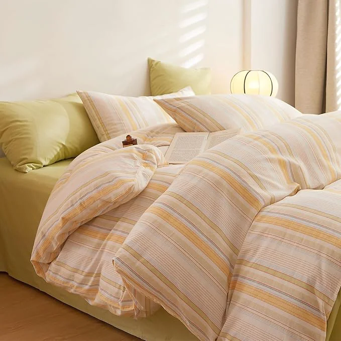 Luxury Yellow Striped Twin XL Comforter Set Fluffy Boho Bedding Set Down Washed Cotton Rustic Soft Bedding Comforter Sets Cozy Cute All Season Bedroom Bed Comforter with 2 Pillowcases Fashionable