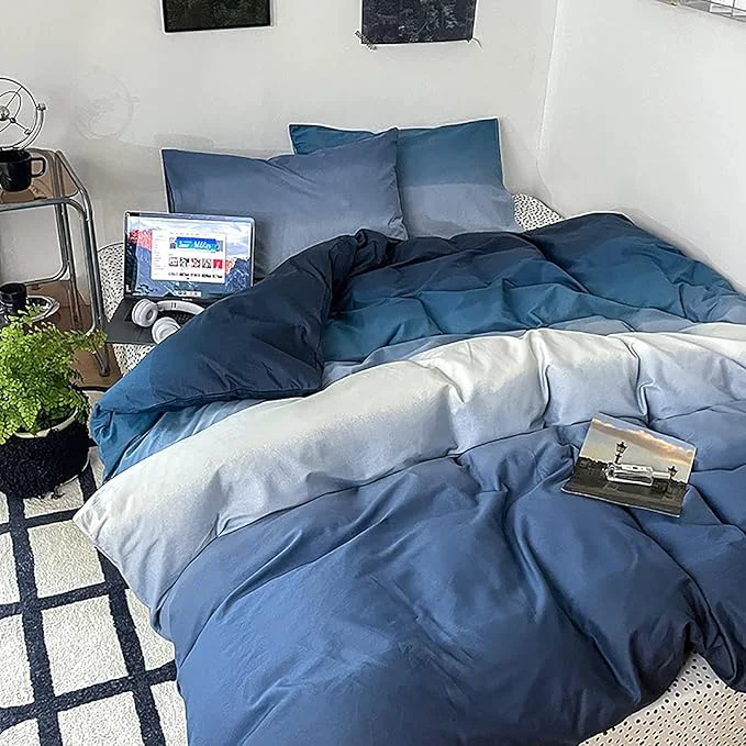 Sophisticated Cottonight Blue Gradient Comforter Set Queen Blue and Navy Gradient Bedding Comforter Set Full Aesthetic Blanket Quilts Breathable Sunset Color 3 Piece Bedding Comforter Set Soft