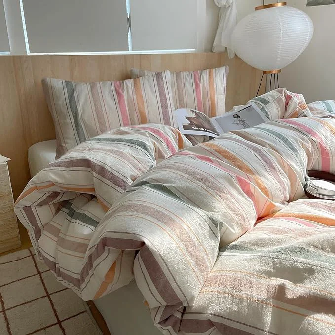 Breathable Striped Full Comforter Sets Down Washed Cotton Bedding Set Cozy Boho Fluffy Colorful Bedding Comforter Sets Farmhouse Soft All Season Cute Bed Comforter with 2 Pillowcases Fast