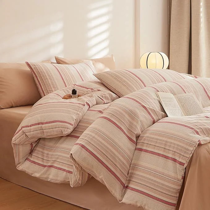 Exceptional Brown Striped Comforter Set King Size Boho Down Bedding Set Fluffy Washed Cotton Soft Bedroom Bedding Comforter Sets Rustic All Season Cute Cozy Bed Comforter with 2 Pillowcases Relaxed