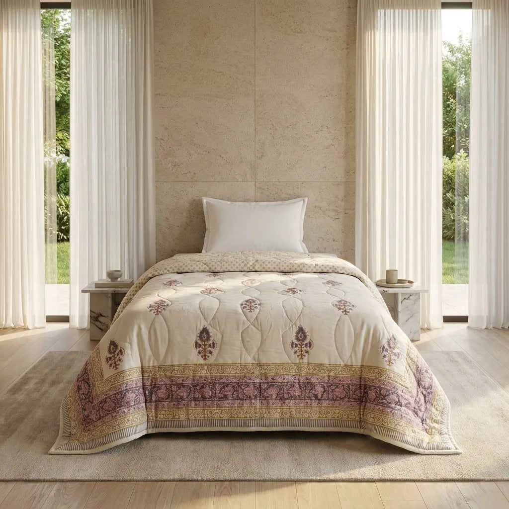 Eco-Friendly Sanganer Print Single Bed Quilt with Purple Floral Motifs Next-Generation