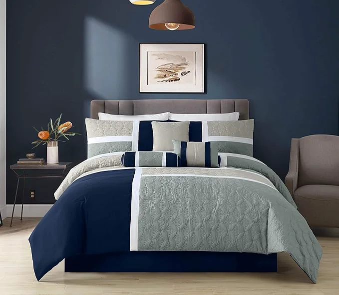 Breathable Chezmoi Collection Upland 7-Piece Quilted Patchwork Comforter Set Navy Blue Gray Full Casual