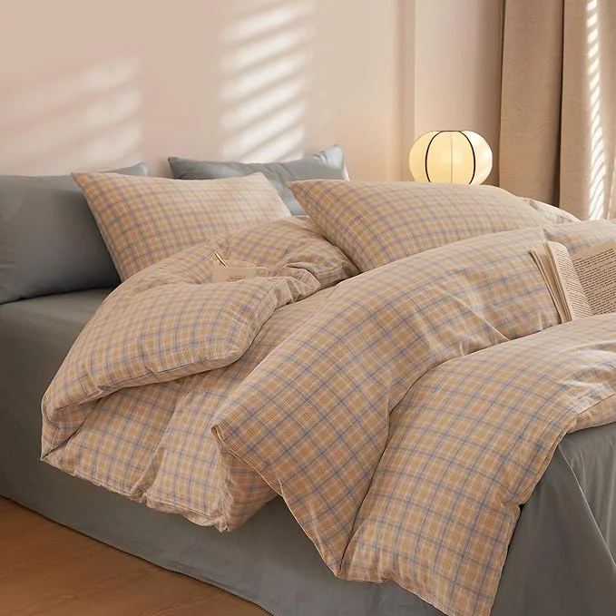 Clean Plaid XL Twin Comforter Set Washed Cotton Down Bedding Set All Season Fluffy Puffy Boho Bedding Comforter Sets Comfy Soft Cute Machine Washable Bed Comforter with 2 Pillowcases Crafted