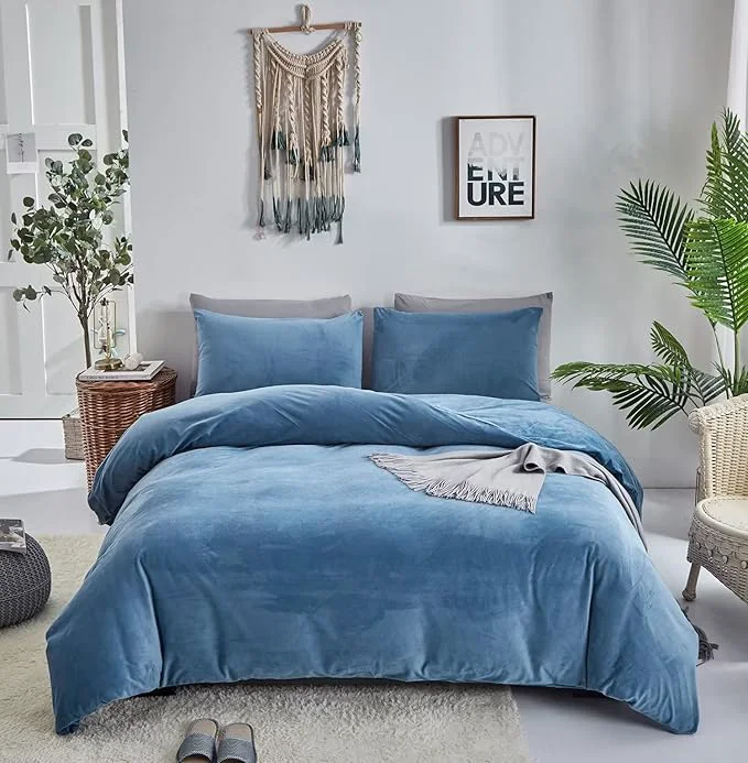 Verified Houseri Velvet Blue Comforter Set California King Fluffy Dusty Blue Flannel Bedding Sets Puffy Lake Blue Cal King Comforter Sets Light Blue Sherpa Comforter Oversized King Warm Fuzzy Quilts Cal King Traditional