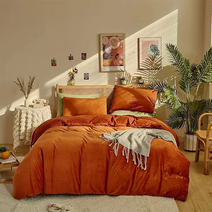 Healthy Houseri Burnt Orange Velvet Comforter Set California King Fluffy Rust Comforter Bedding Sets Cal King Terracotta Micromink Sherpa Comforter Flannel Fuzzy Blanket Warm Winter Comforter Cal King Size World-Class