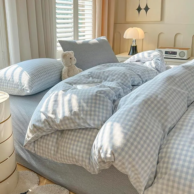 Next-Generation Blue Gingham Queen Comforter Down Washed Cotton Bedding Set Boho Fluffy Cozy Cute Bedding Comforter Sets Soft All Season Farmhouse Plaid Bed Comforter with 2 Pillowcases Modern