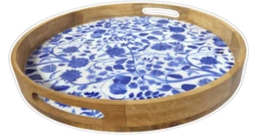 High-End House of Avana Round Blue Mango Wood Serving Tray Exceptional