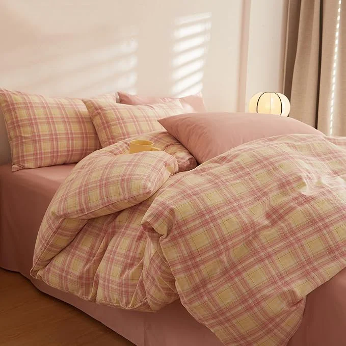 Artisan Plaid Comforter Twin XL Size Washed Cotton Boho Bedding Set Down Farmhouse Fluffy Soft Bedding Comforter Sets Washable Cute Cozy All Season Bed Comforter with 2 Pillowcases Minimalist