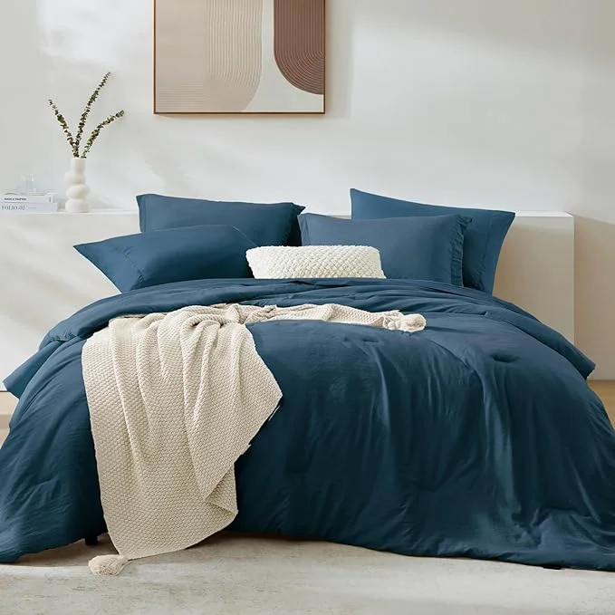 Innovative WRENSONGE King Size Comforter Sets- 7 Pieces Soft Serenity Blue Bed in a Bag King with Fitted Sheet Flat Sheet 2 Pillow Shams and 2 Pillowcases-Warm King Bedding Set for All Season Top-Quality