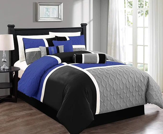 Easy-to-Use Chezmoi Collection Upland 7-Piece Quilted Patchwork Comforter Set Blue Black Gray California King Elegant