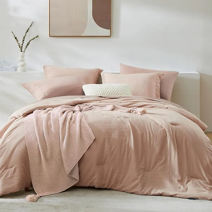 Unique WRENSONGE King Comforter Set 7 Pieces Clay Pink Soft Bed in a Bag King with Fitted Sheet Flat Sheet 2 Pillow Shams and 2 Pillowcases- Warm Bedding Set for All Season Enhanced