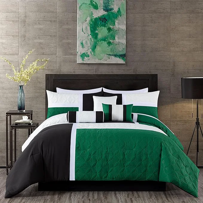 Fashionable Chezmoi Collection Upland 7-Piece Quilted Patchwork Comforter Set Green Black Cream White Full Effective
