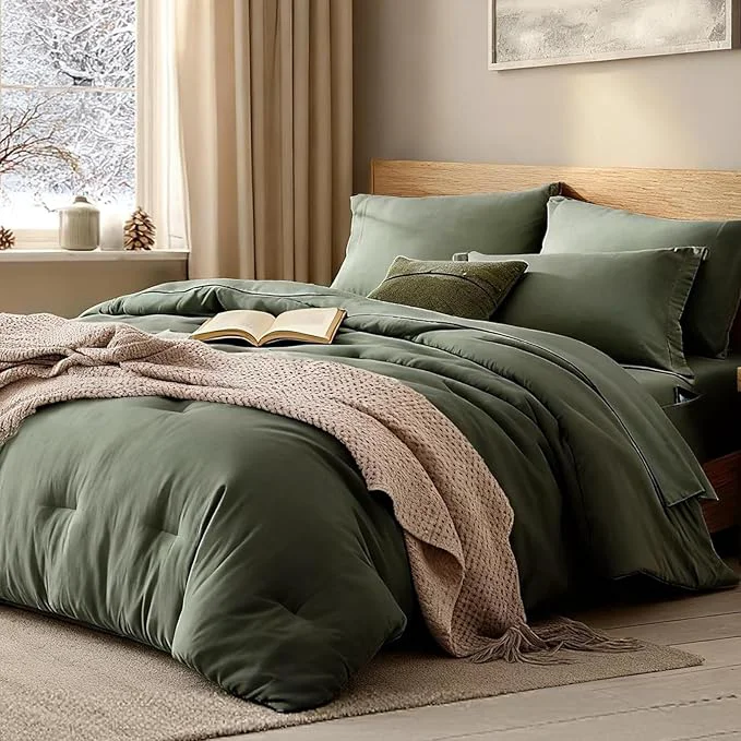Innovative WRENSONGE Oversize King Size Comforter Sets 7 Pieces Olive Green Bed in a Bag with Fitted Sheet Flat Sheet 2 Pillow Shams 2 Pillowcases Warm Bedding Sets for All Season Expertly Made