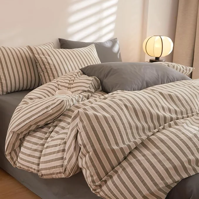 Contemporary Grey Striped Full Size Comforter Sets Down Cozy Bedding Set Fluffy Washed Cotton All Season Boho Bedding Comforter Sets Washable Soft Vintage Cute Bed Comforter with 2 Pillowcases Eco-Friendly