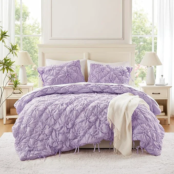 Authentic Intelligent Design Queen Comforter Set – Purple Lily Puffy Floral Shabby Chic Boho Bedding Comforter Set Pinch Pleat Bedding Sets Ultra-Soft Lightweight amp All-Season Full Queen Long-Lasting