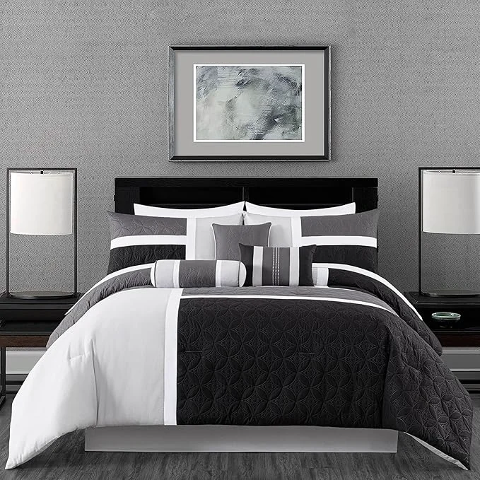 Unique Chezmoi Collection Upland 7-Piece Quilted Patchwork Comforter Set Black Gray Light Gray King User-Friendly