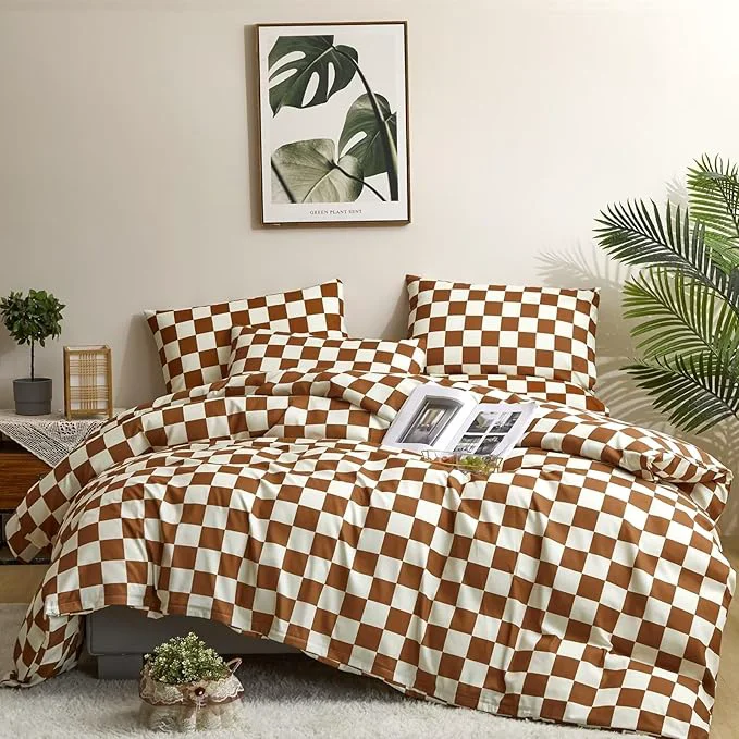 Luxury Houseri White Brown Plaid Comforter Set King Pumpkin Colored Checkerboard Comforter King Size Men Women Caramel Buffalo Checkered Bedding Elegant Camel Grid Gingham Checker Bed Comforter Sets King