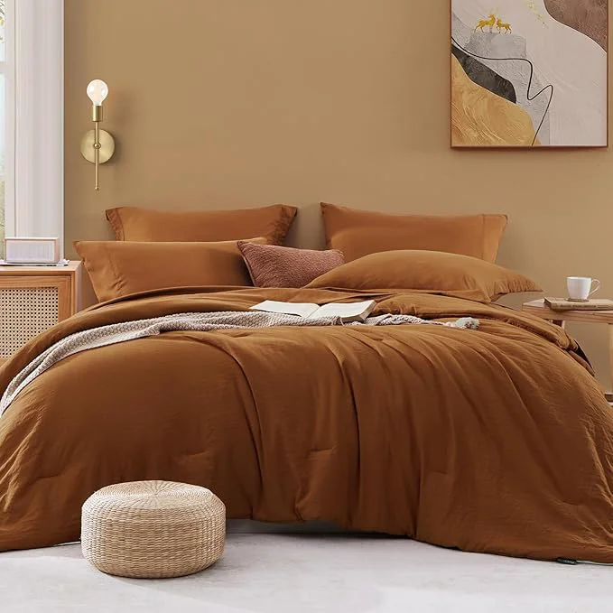 Official WRENSONGE Terracotta King Comforter Set 7 Pieces Soft Microfiber King Size Comforter with Fitted Sheet Flat Sheet 2 Pillow Shams and 2 Pillowcases- Warm King Bedding Set for All Season Natural
