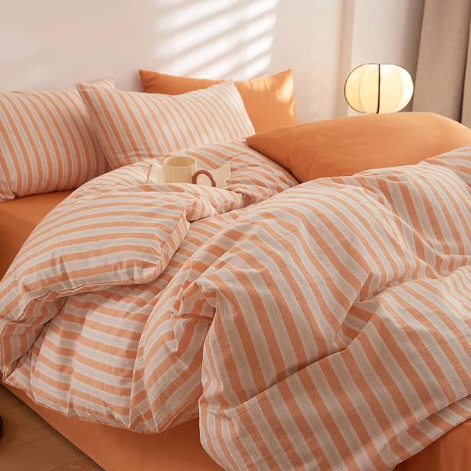 Innovative Orange Striped Queen Comforter Fluffy Down Bedding Set Soft Washed Cotton Chic All Season Bedding Comforter Sets Cute Boho Cozy Rustic Bed Comforter with 2 Pillowcases Premium