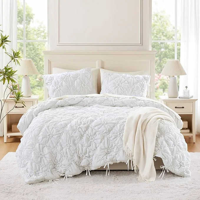 Recyclable Intelligent Design Queen Comforter Set – White Lily Puffy Floral Shabby Chic Boho Bedding Ultra-Soft Lightweight amp All-Season Full Queen Organic