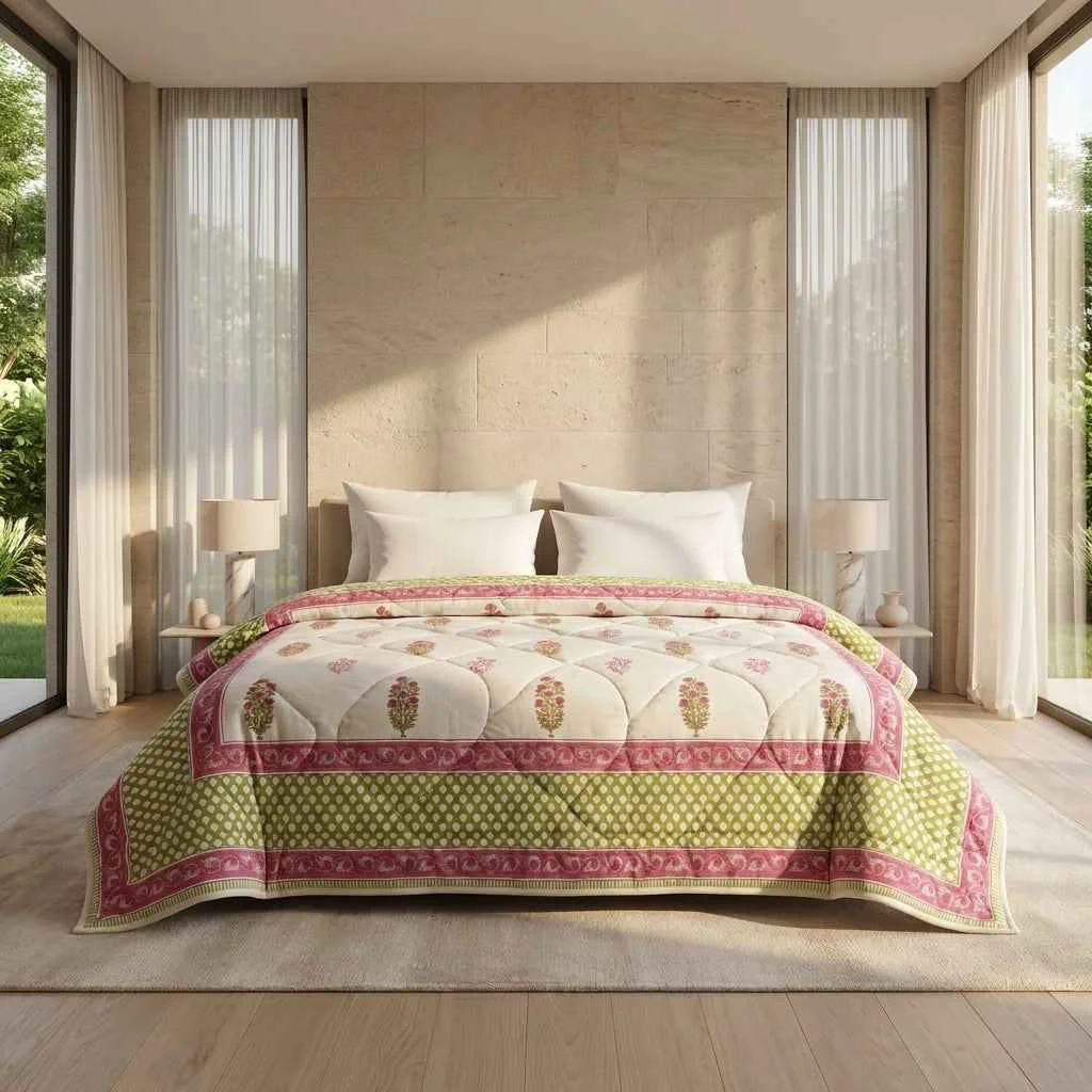 Flexible Cream amp Deep Rose Floral Jaipur Indian Hand Block Print Quilted Comforter Reliable