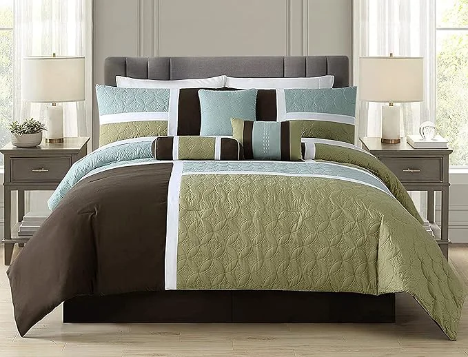 Proven Chezmoi Collection 7-Piece Quilted Patchwork Comforter Set Coffee Brown Aqua Blue Sage Green California King Fine